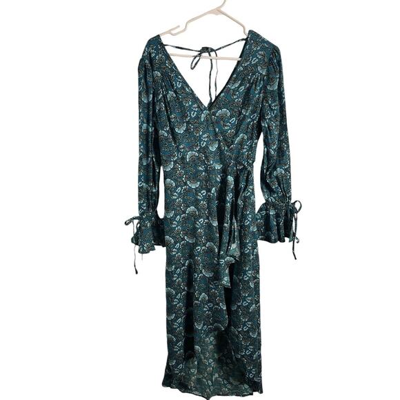 BAND OF THE FREE Women S Jewel Teal Dress Floral Wrap Tie Side Bell Cuff Hi Lo - Picture 3 of 13